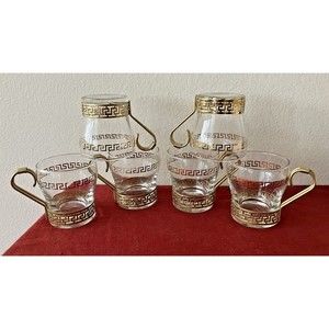 6 Vintage MCM Libbey Gold Greek Key Glass Continental Cups/Mugs with Handles